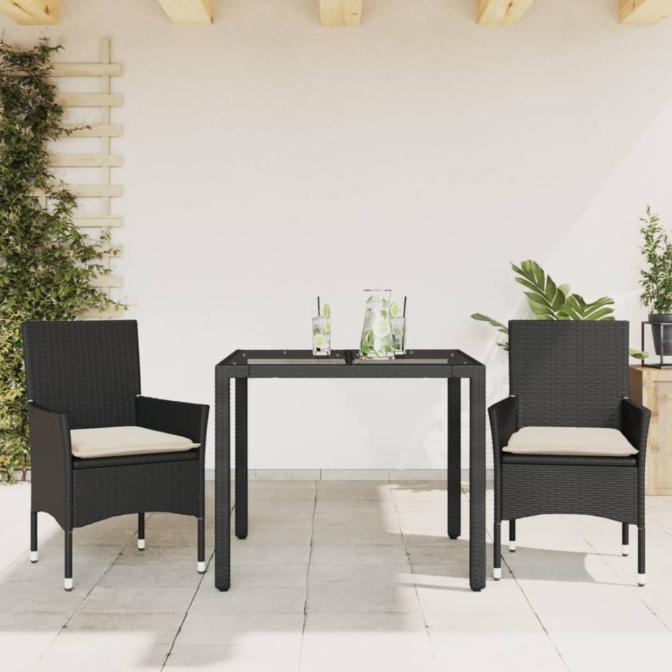 Set comedor jardín 3 pzas cojines ratán sintético vidrio