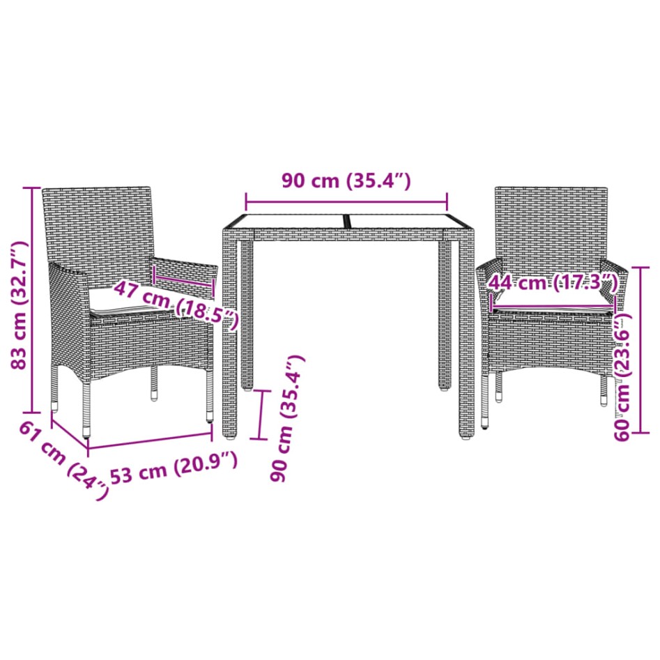 Set comedor jardín 3 pzas cojines ratán sintético vidrio