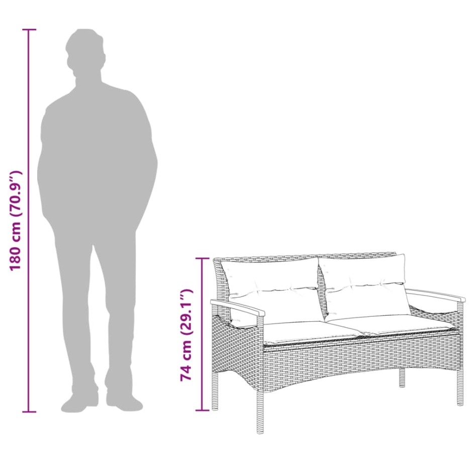 Banco de jardín con cojines ratán sintético gris 116x62,5x74