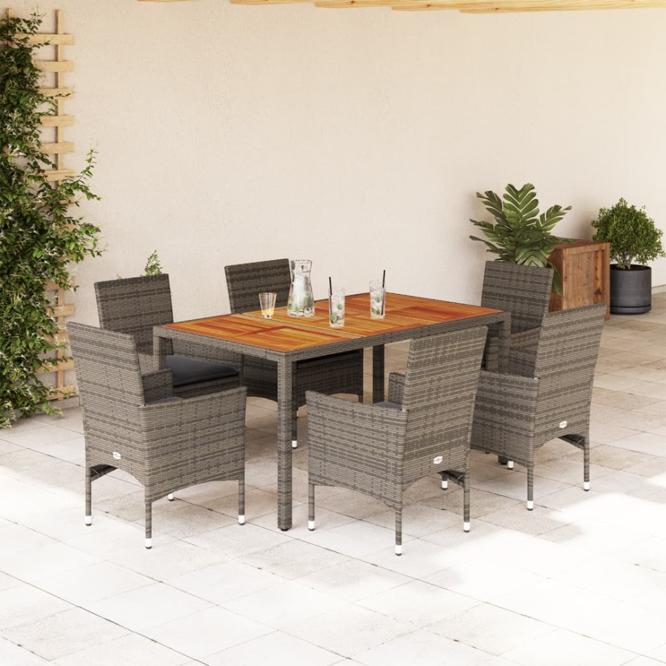Set de comedor jardín 7 pzas con cojines ratán PE acacia