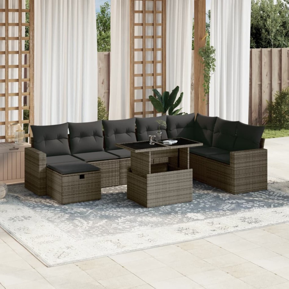 Set de muebles de jardín 9 pzas y cojines ratán sintético
