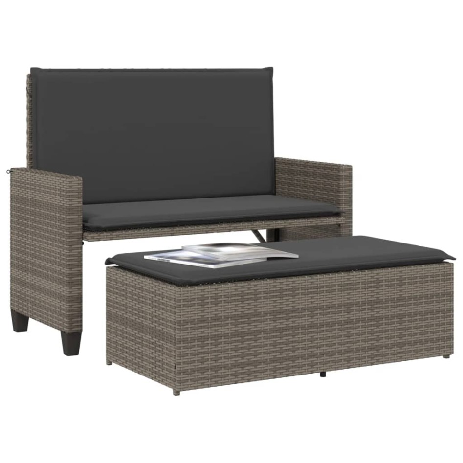 Banco de jardín con cojines y reposapiés ratán sintético