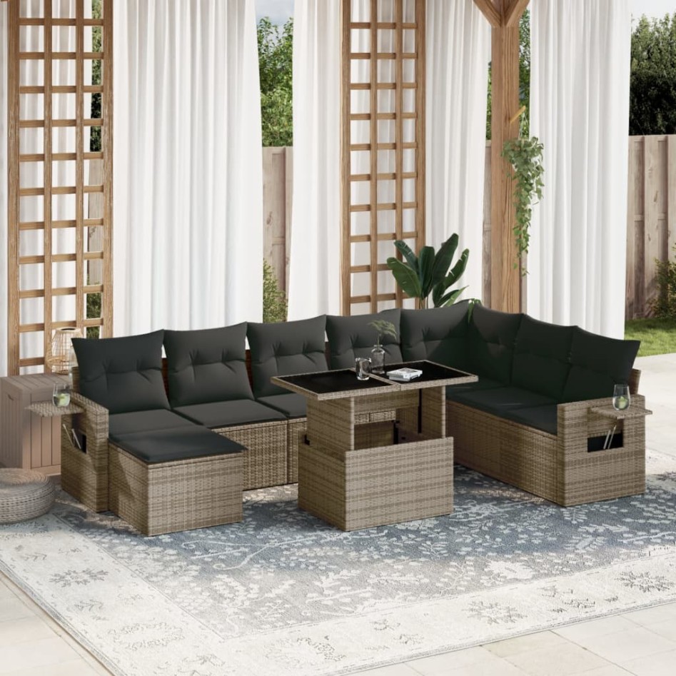Set de muebles de jardín 9 pzas y cojines ratán sintético