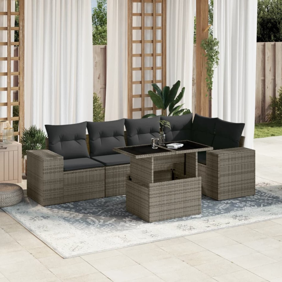 Set de muebles de jardín 6 pzas y cojines ratán sintético