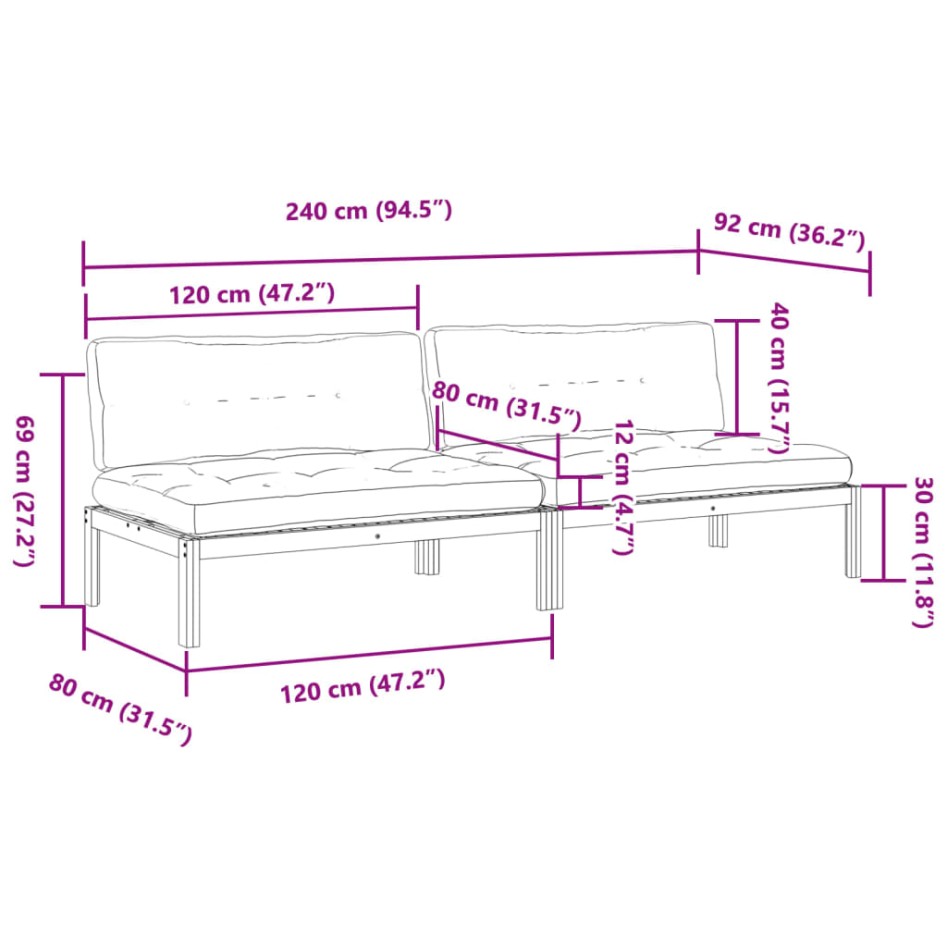 Sofás centrales de palets jardín y cojines 2 uds madera
