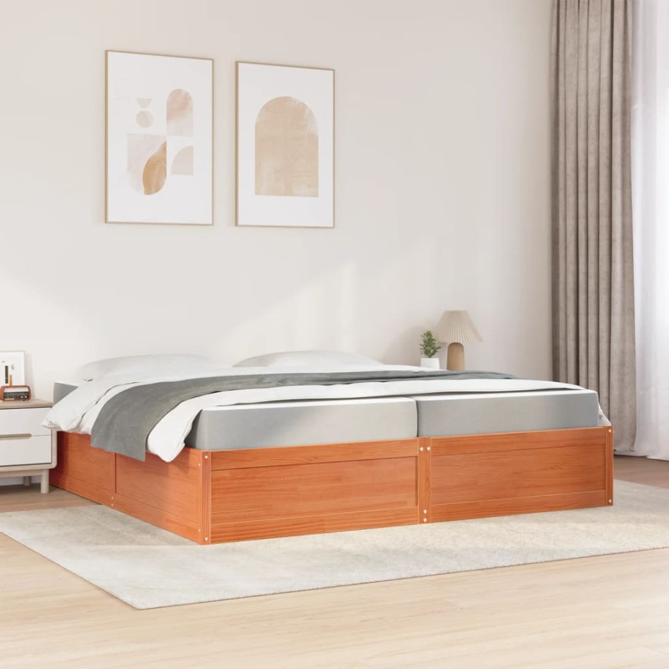 Cama con colchón madera maciza de pino marrón cera 200x200