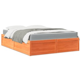 Cama con colchón madera maciza de pino marrón cera 160x200