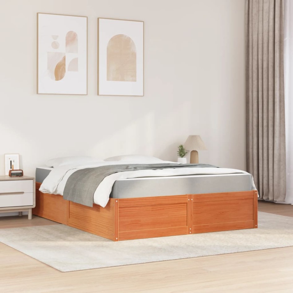 Cama con colchón madera maciza de pino marrón cera 160x200
