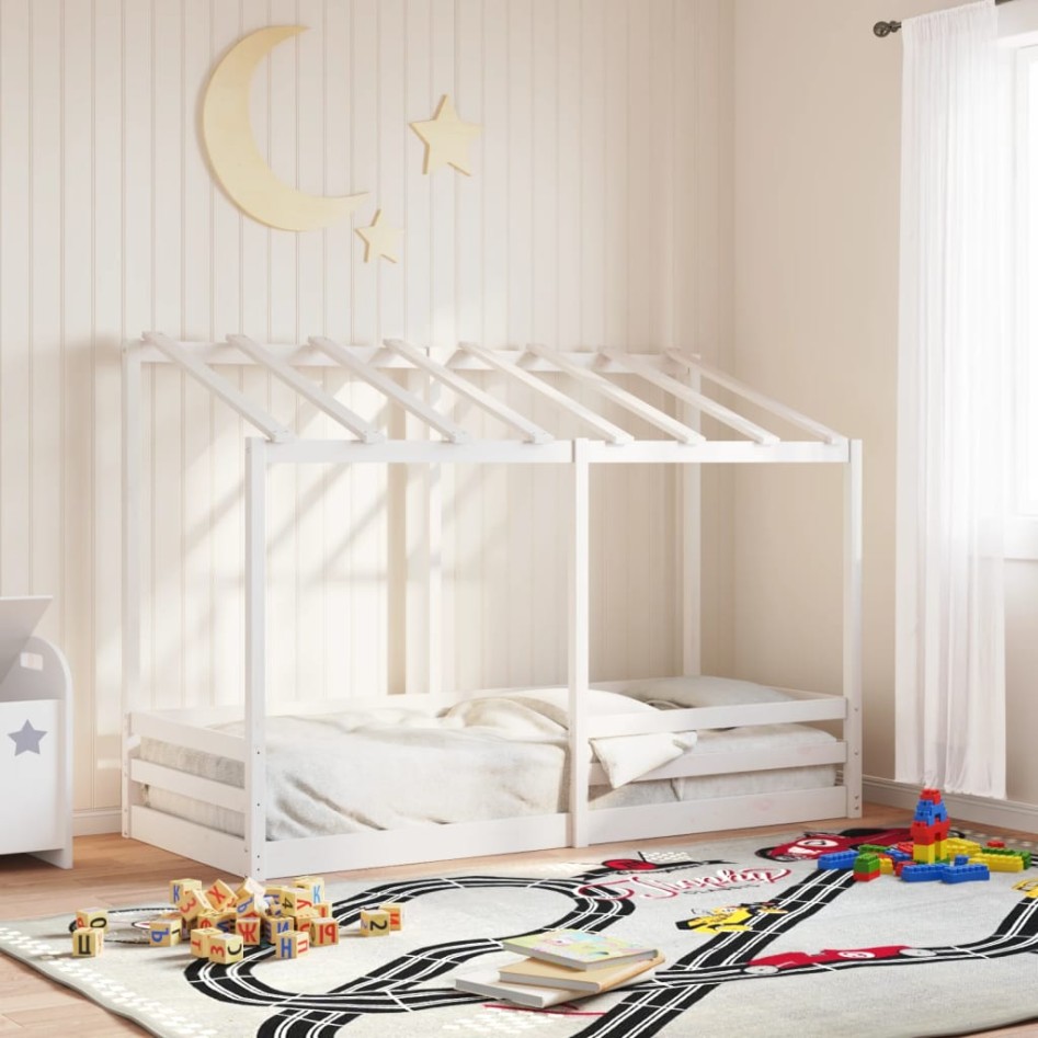 Cama infantil con techo madera maciza pino blanco 75x190