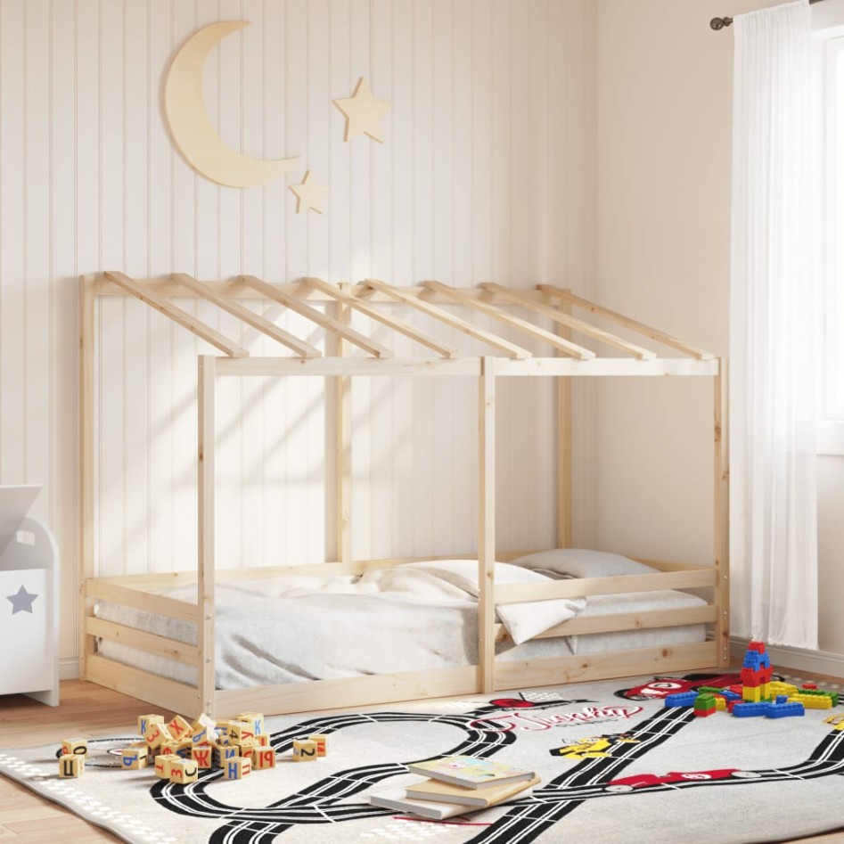 Cama infantil con techo madera maciza pino blanca 80x200