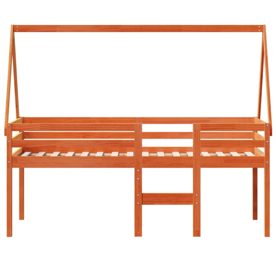 Cama alta con techo madera maciza de pino marrón cera 80x200