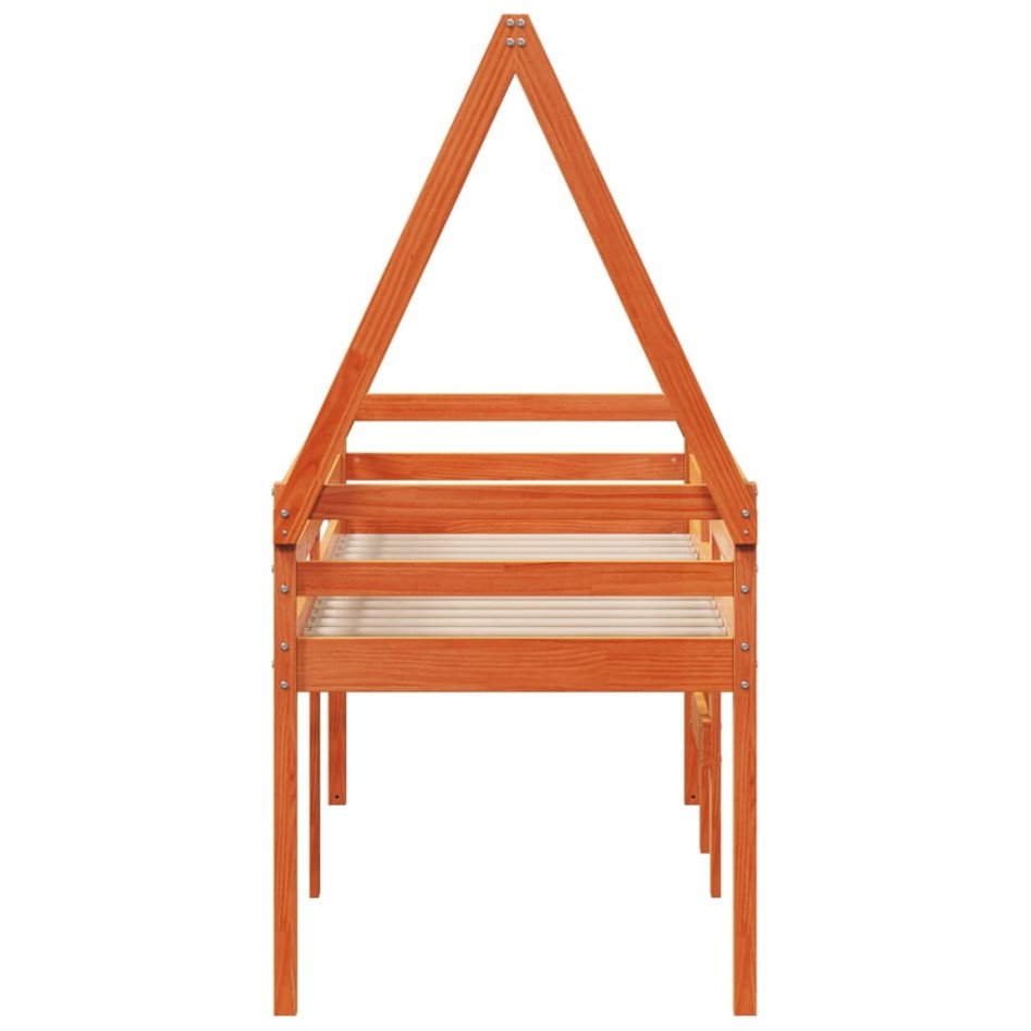 Cama alta con techo madera maciza de pino marrón cera 80x200