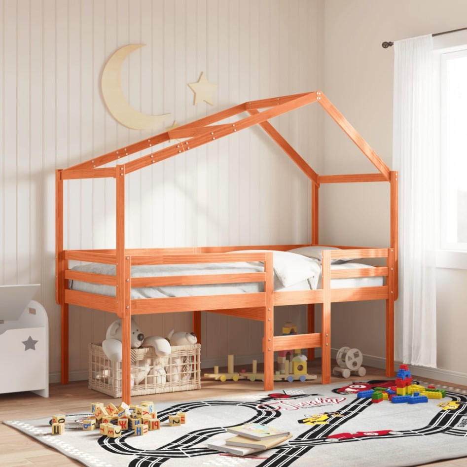 Cama alta con techo madera maciza de pino marrón cera 80x200