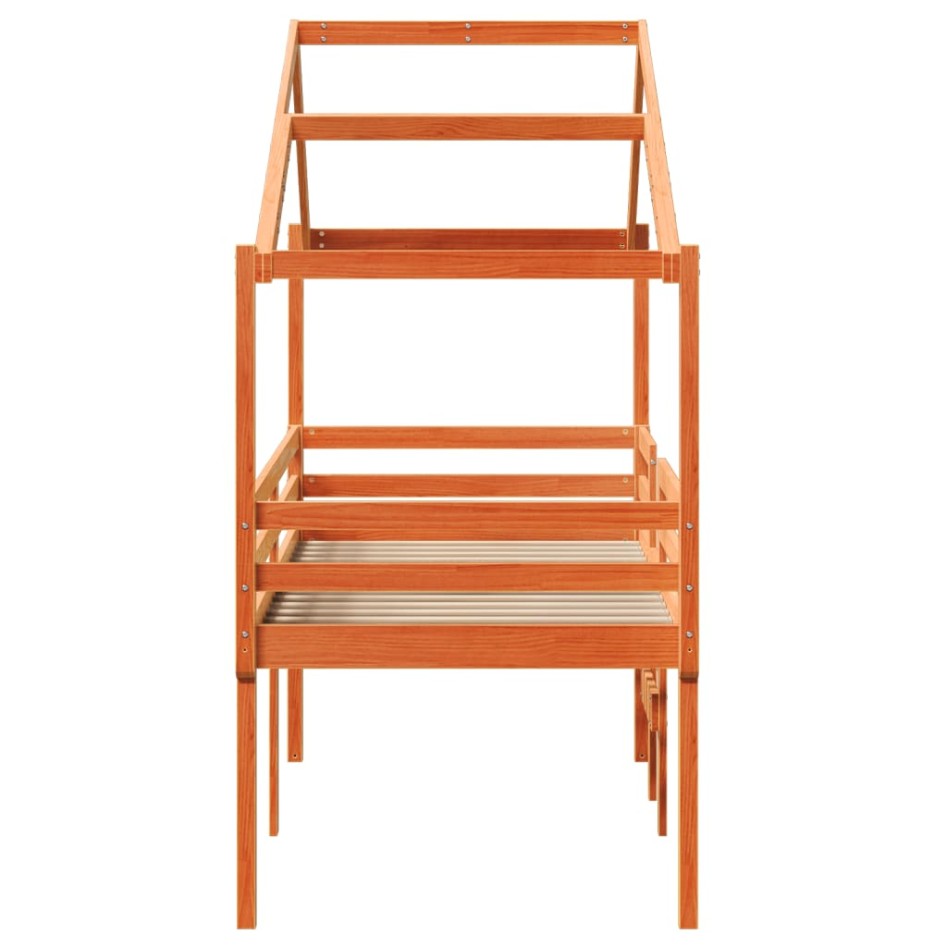 Cama alta con techo madera maciza de pino marrón cera 80x200