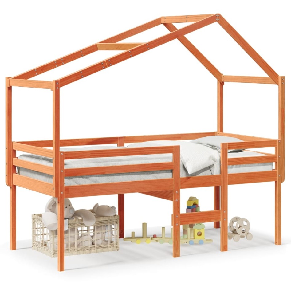 Cama alta con techo madera maciza de pino marrón cera 90x190