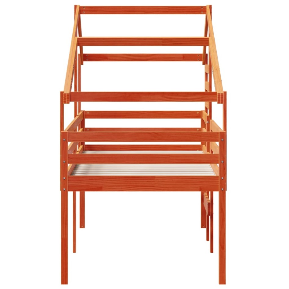 Cama alta con techo madera maciza de pino marrón cera 75x190