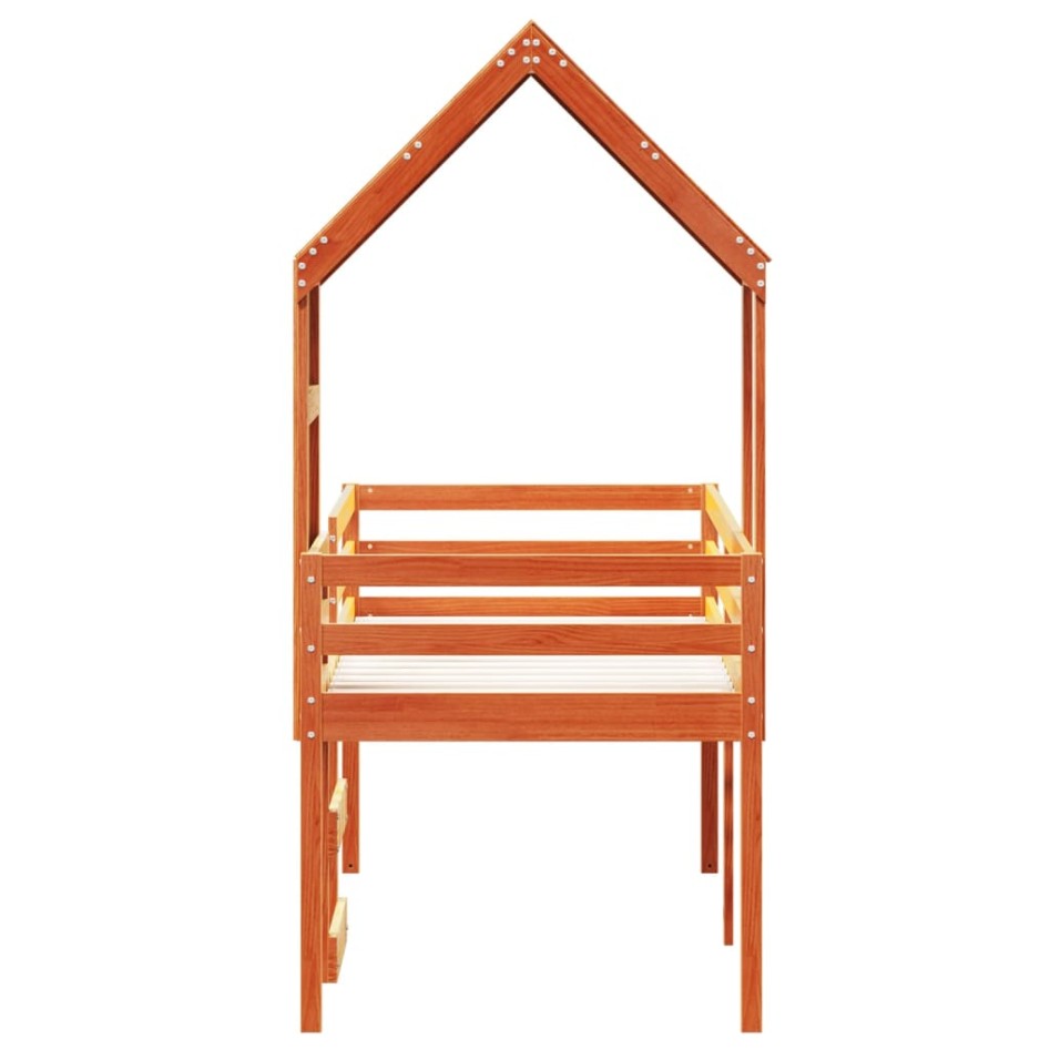 Cama alta con techo madera maciza de pino marrón cera 90x200