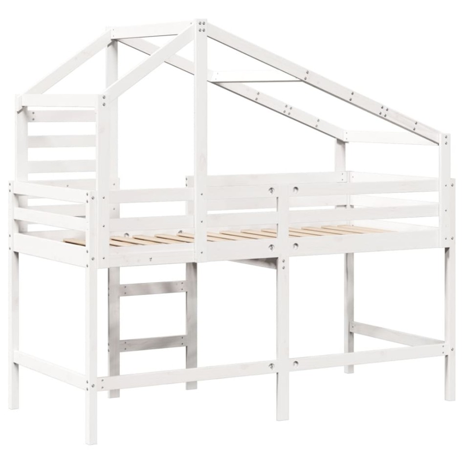 Cama alta escalera y techo madera maciza pino blanca 80x200