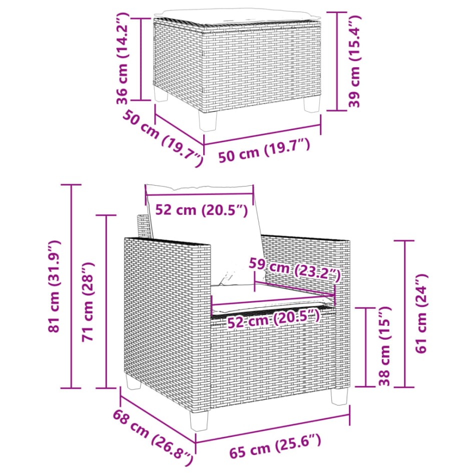 Sillas y mesita de jardín con cojines 3 piezas ratán PE
