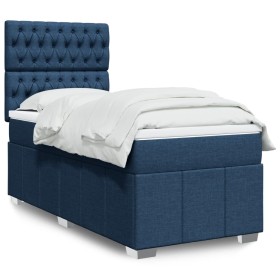 Cama box spring con colchón tela azul 90x200