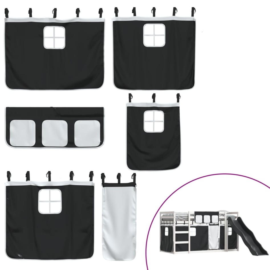 Litera con tobogán y cortinas blanco y negro 90x200