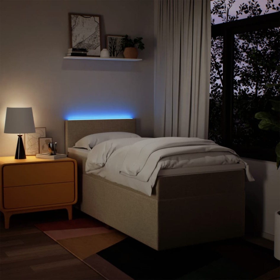 Cama box spring con colchón tela color crema 90x200