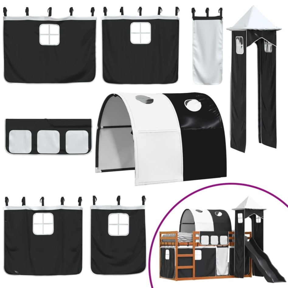 Litera con tobogán y cortinas blanco y negro 90x200