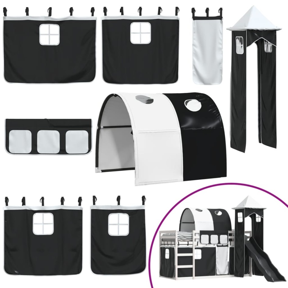 Litera con tobogán y cortinas blanco y negro 80x200