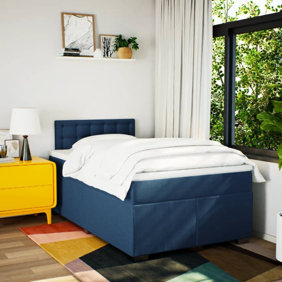 Cama box spring con colchón tela azul 120x190