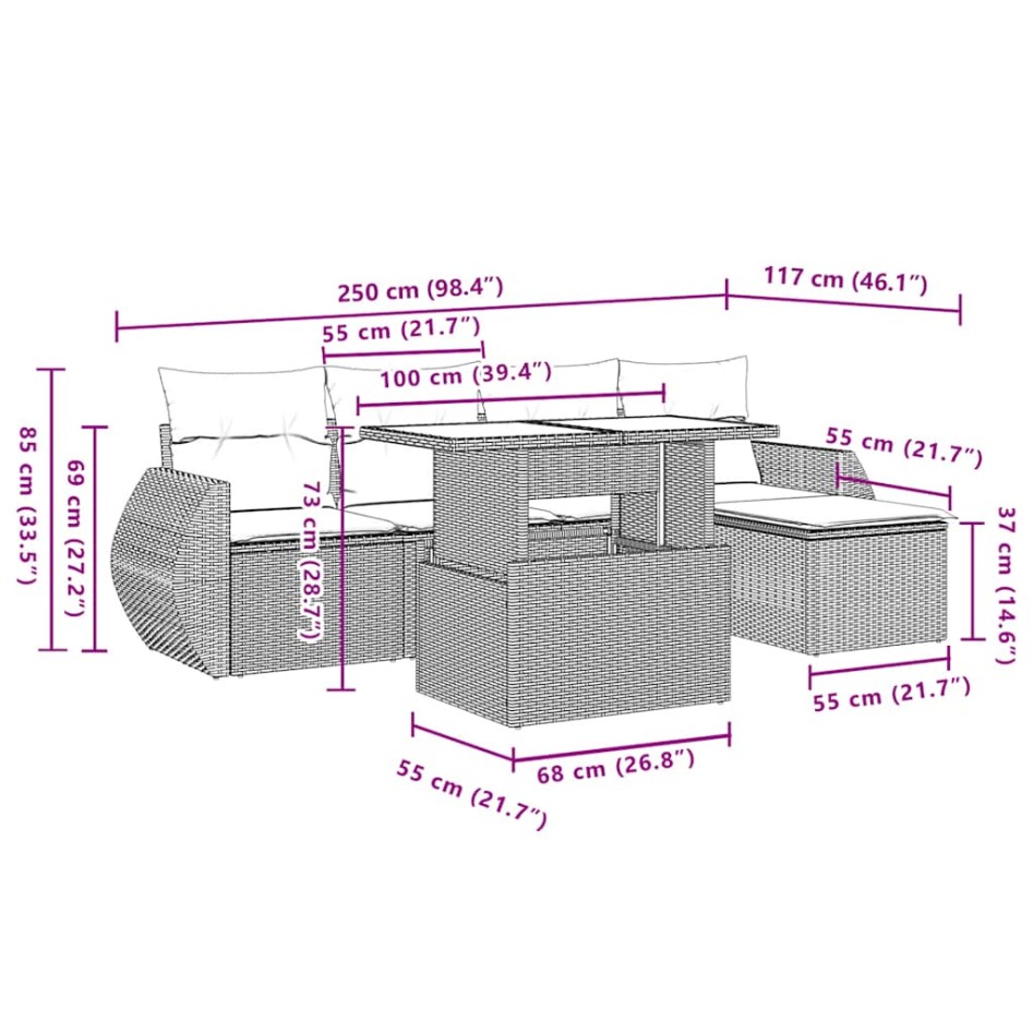 Juego de sofás jardín con cojines 6 pzas ratán sintético