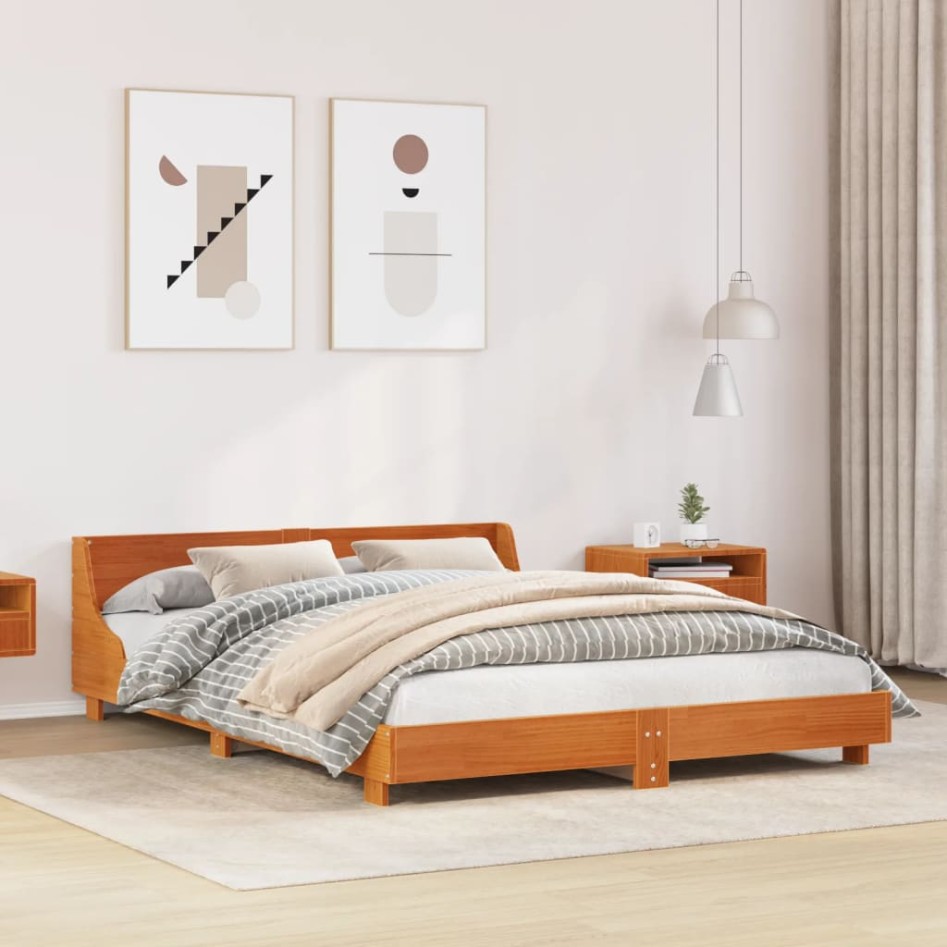 Cama sin colchón madera maciza pino marrón cera 150x200