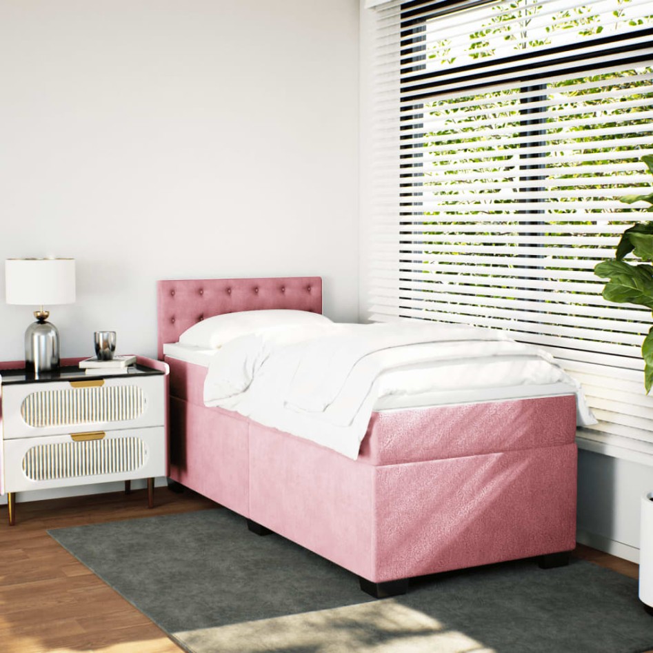 Cama box spring con colchón terciopelo rosa 100x200