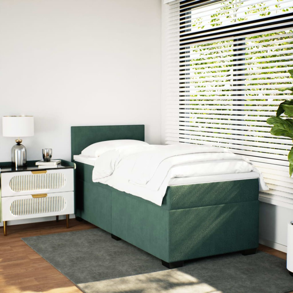 Cama box spring con colchón terciopelo verde oscuro 90x190