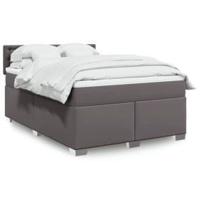 Cama box spring con colchón cuero sintético gris 140x190