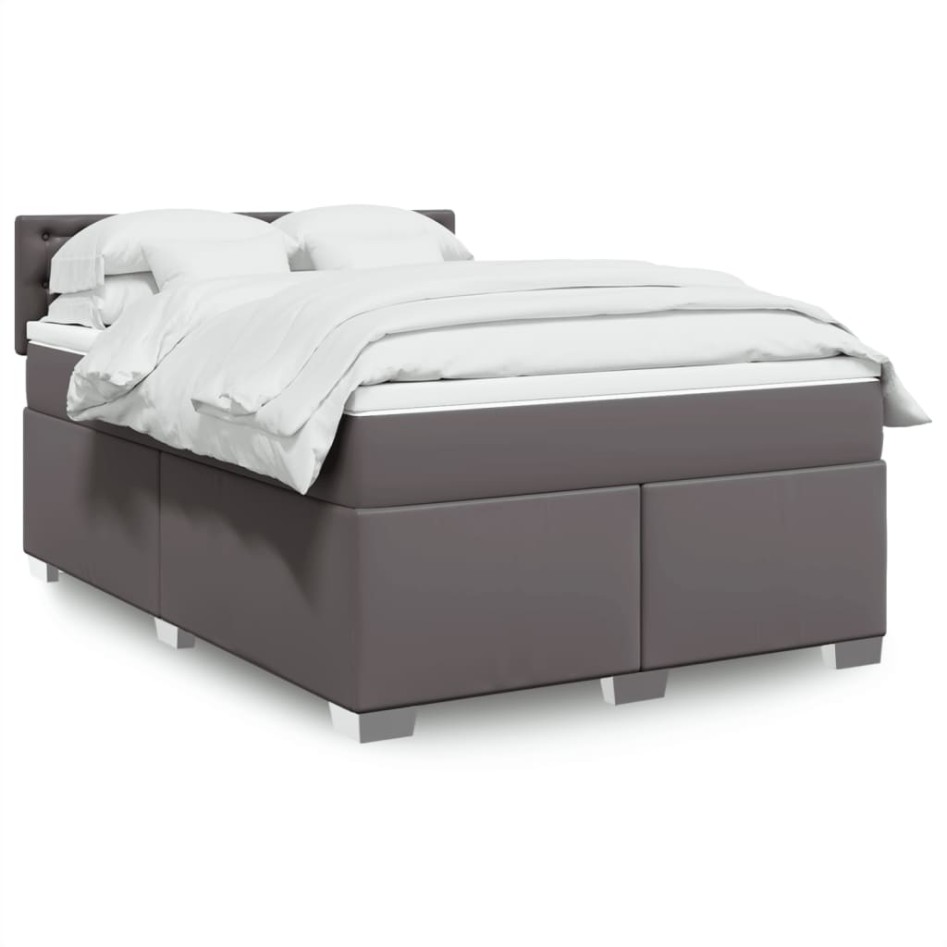Cama box spring con colchón cuero sintético gris 140x190