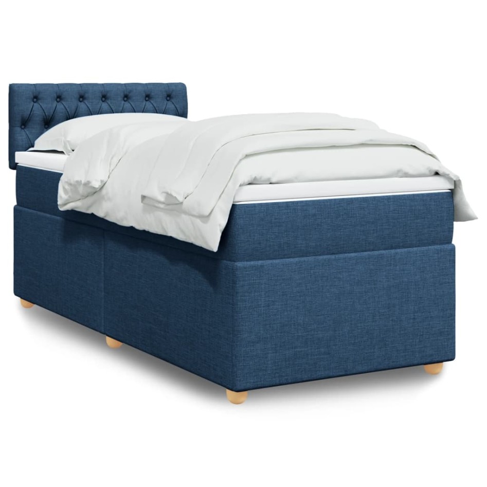 Cama box spring con colchón tela azul 90x200