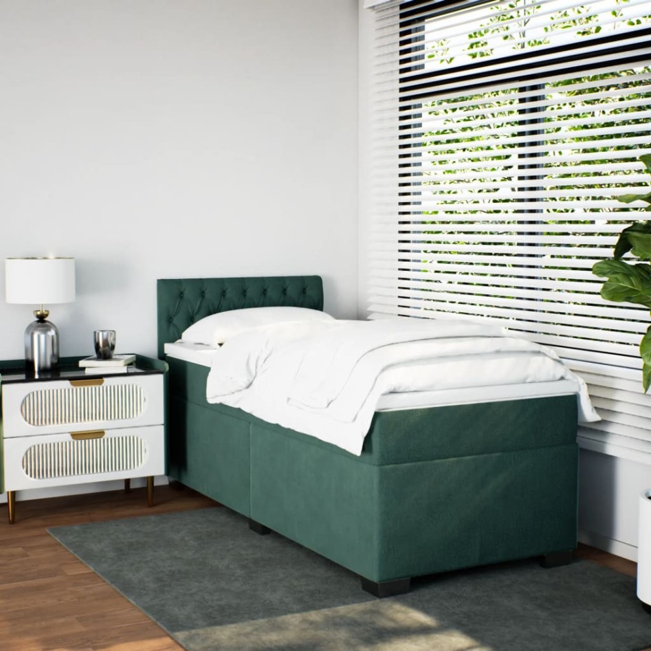 Cama box spring con colchón terciopelo verde oscuro 90x190