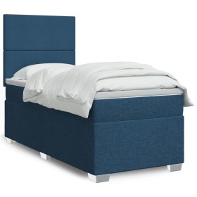Cama box spring con colchón tela azul 90x190
