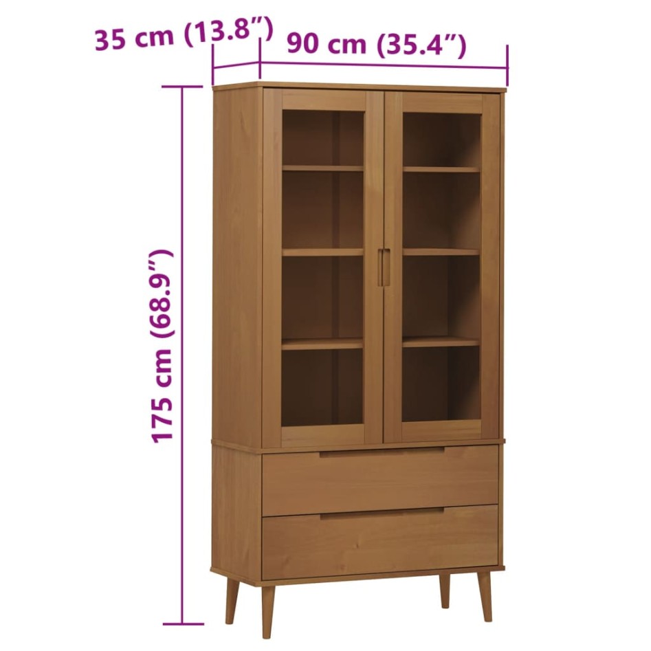 Mueble vitrina MOLDE madera maciza de pino marrón 90x35x175