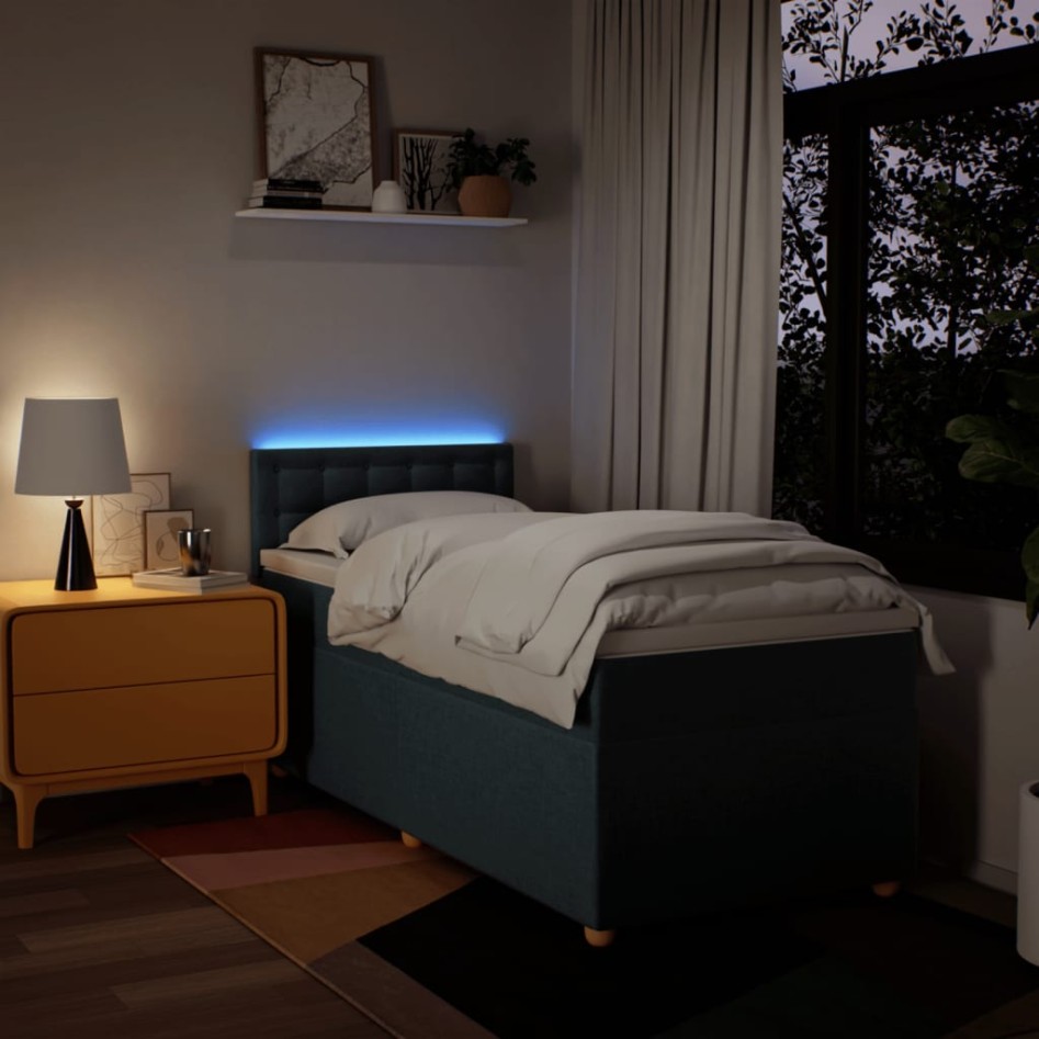 Cama box spring con colchón tela azul 90x200