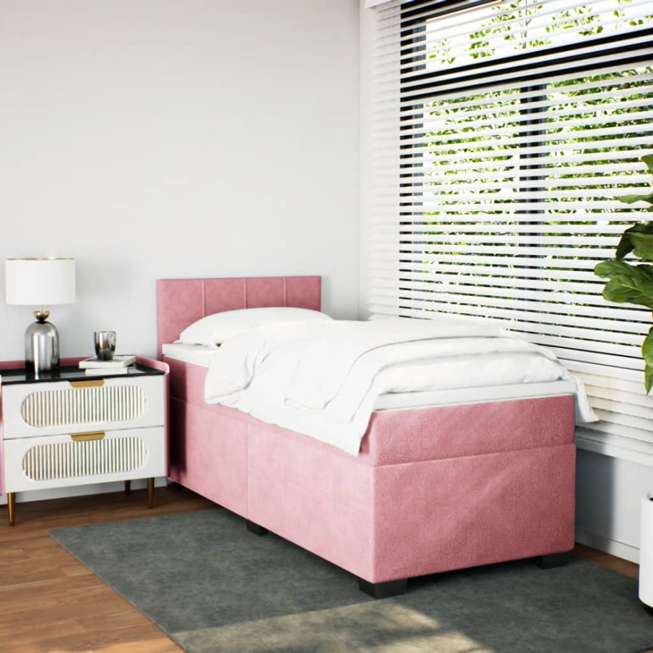 Cama box spring con colchón terciopelo rosa 90x200