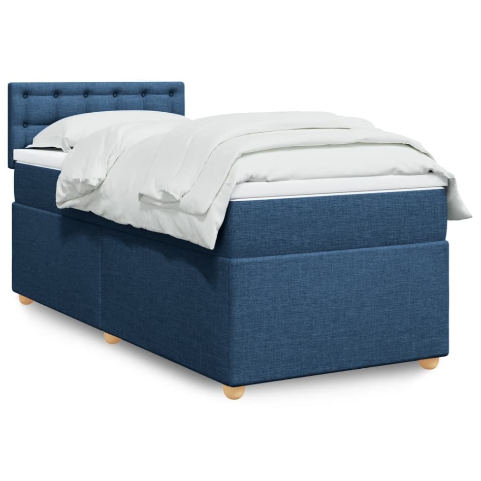 Cama box spring con colchón tela azul 90x200