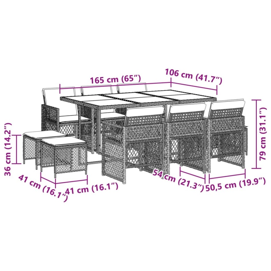 Set comedor de jardín 11 pzas con cojines ratán sintético