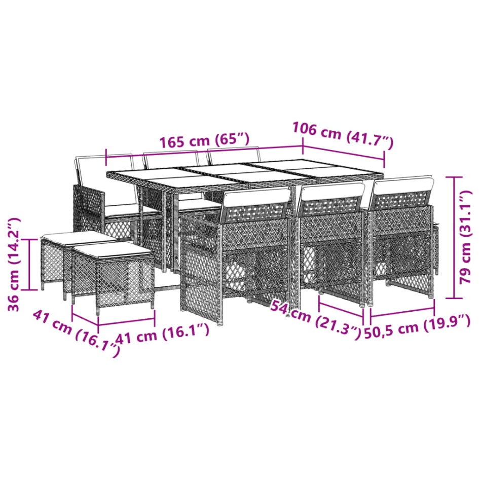Set comedor de jardín 11 pzas con cojines ratán sintético