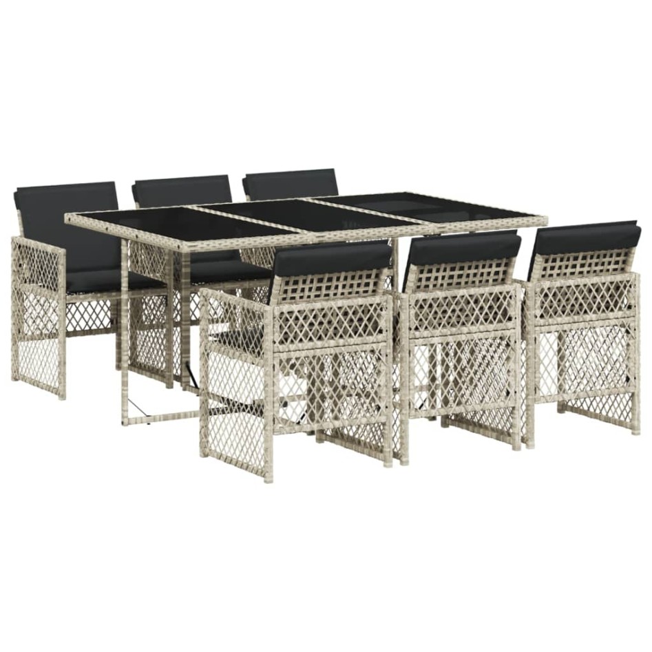 Set comedor jardín 7 pzas y cojines ratán sintético gris