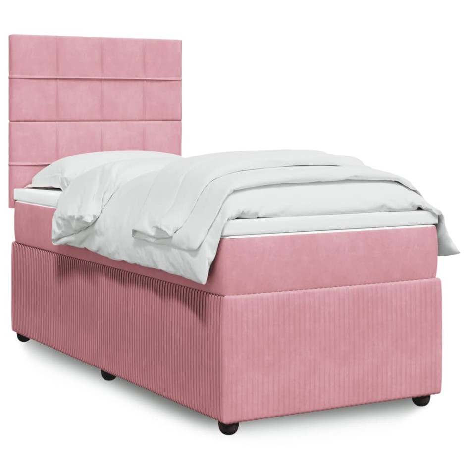 Cama box spring con colchón terciopelo rosa 80x200