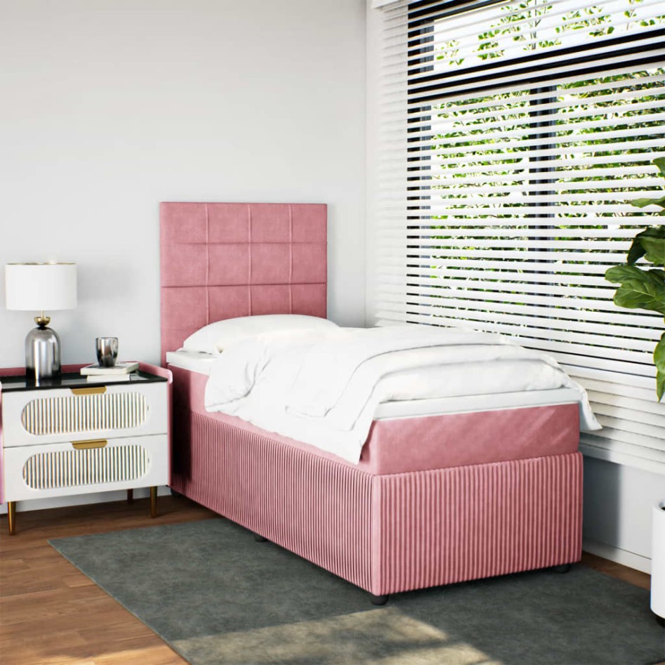 Cama box spring con colchón terciopelo rosa 90x190
