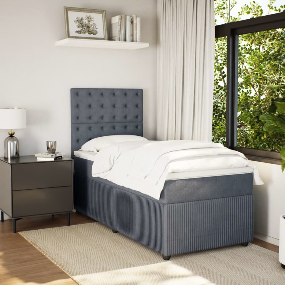 Cama box spring con colchón terciopelo gris oscuro 90x190