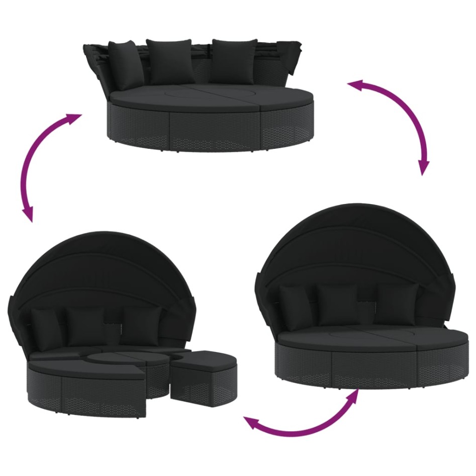 Tumbona cama de jardín con capota y cojines ratán PE