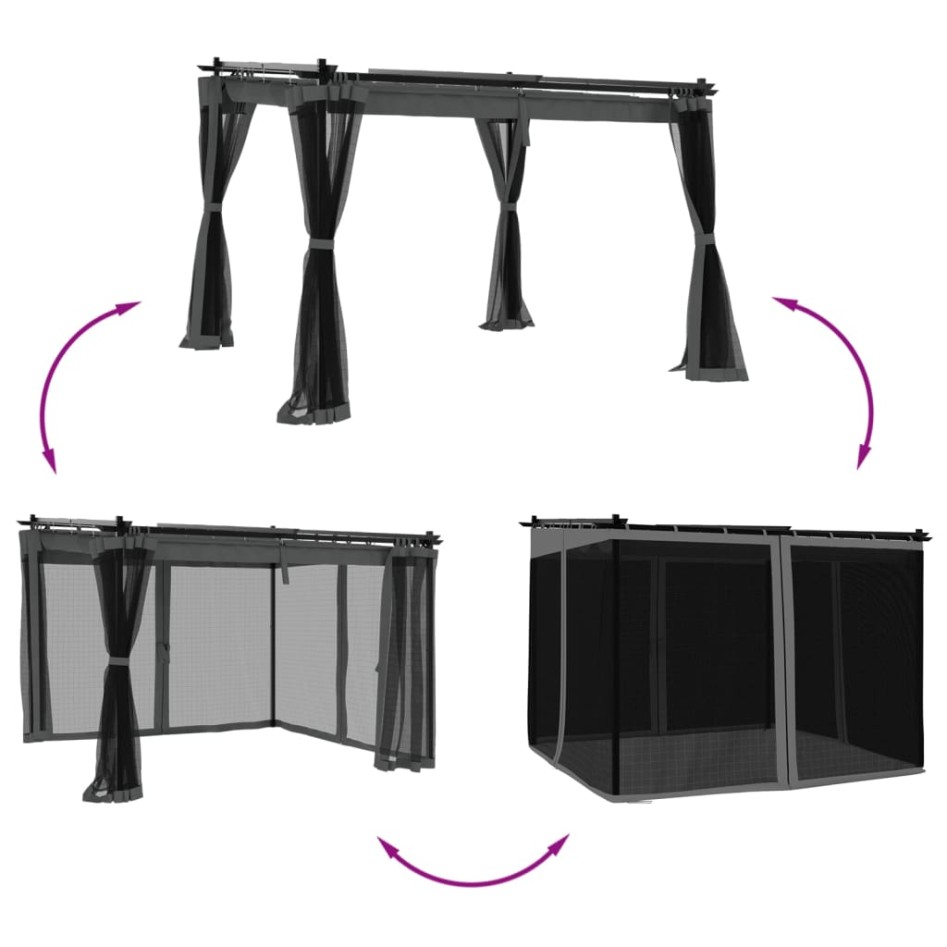 Cenador con paredes de malla acero gris antracita 3x3